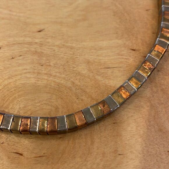 Womens Tri Color Cube Circle Metal Beaded Necklace Gold Silver Copper - Picture 3 of 4